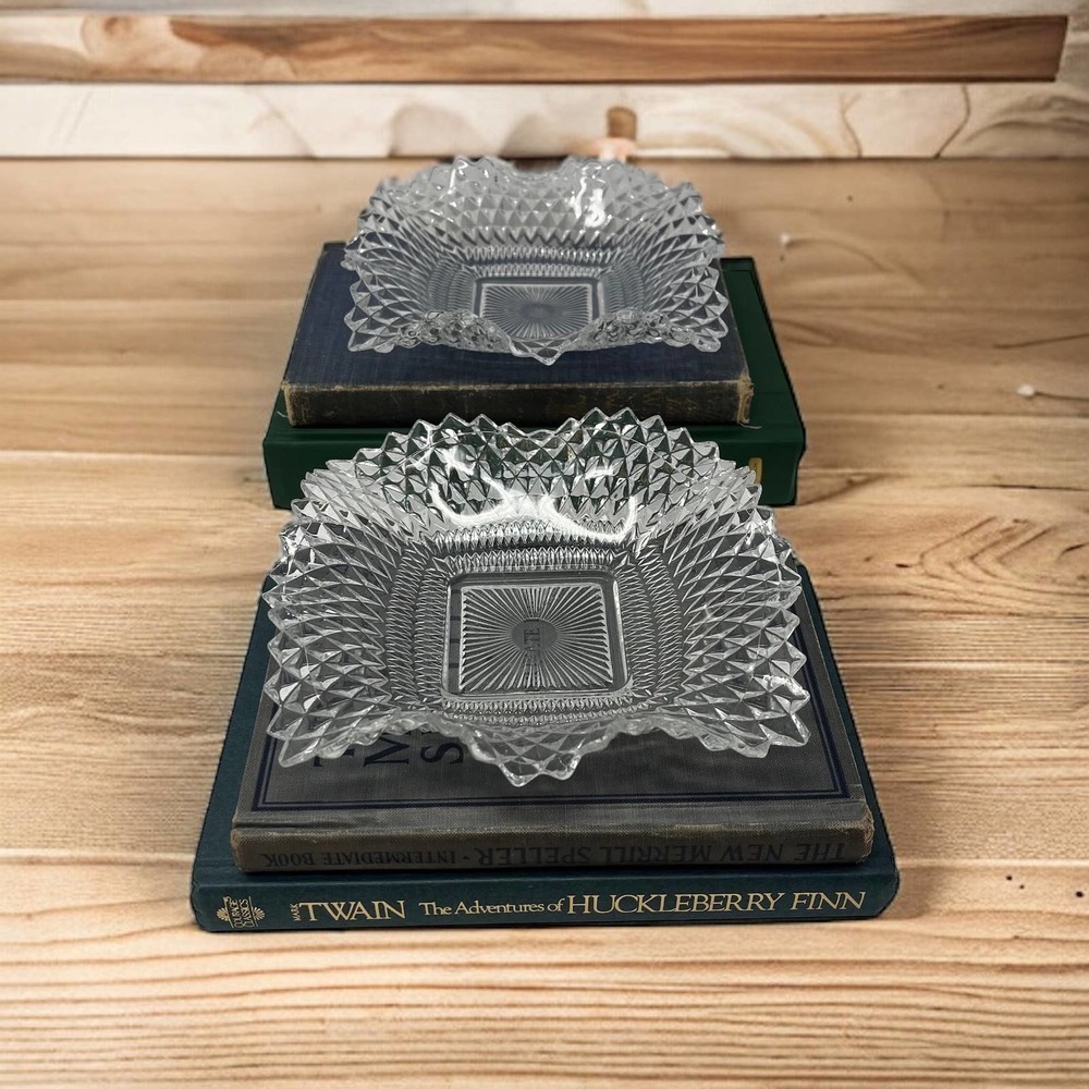 Vintage Set of 2 Indiana Glass "Square Ruffled Edges Diamond Dish" 1950s